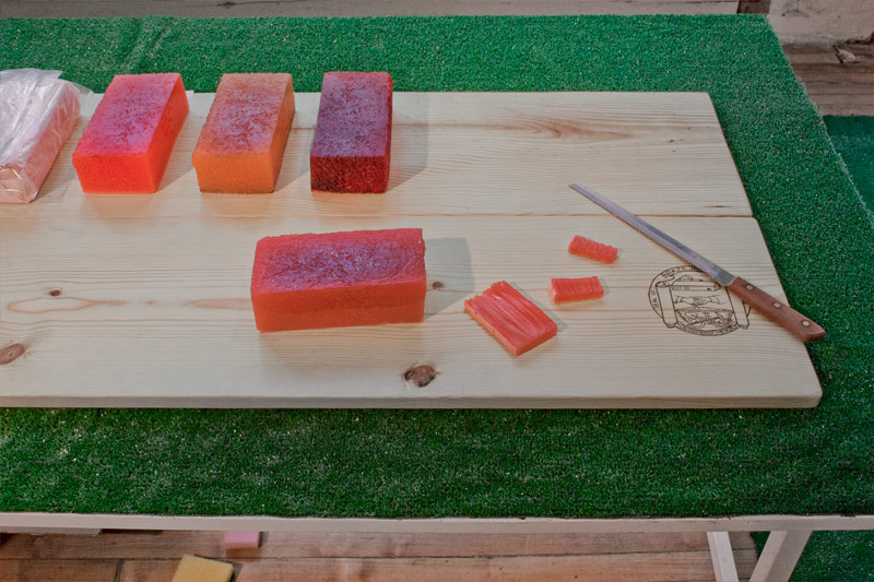 gummy bricks on cutting board
